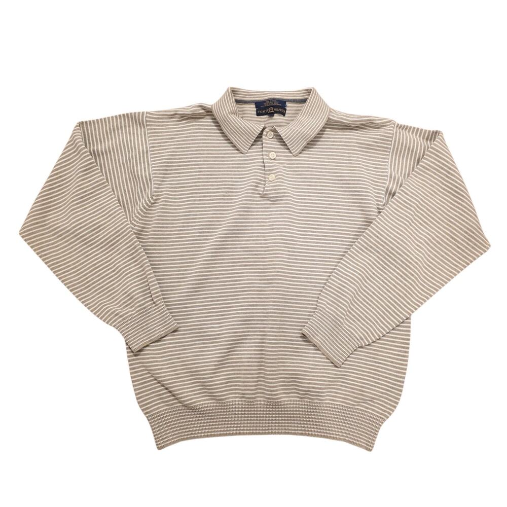 Vintage Tommy Hilfiger Tan White Striped Preppy Long Sleeve Sweater Size Large